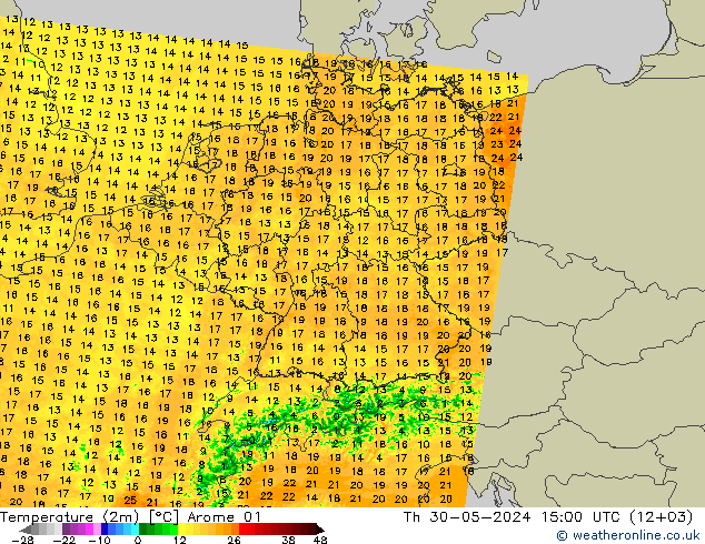 Temperaturkarte (2m) Arome 01 Do 30.05.2024 15 UTC