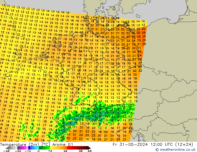 Temperatuurkaart (2m) Arome 01 vr 31.05.2024 12 UTC