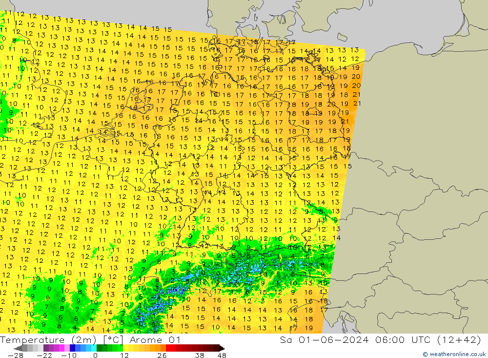 Temperature (2m) Arome 01 Sa 01.06.2024 06 UTC