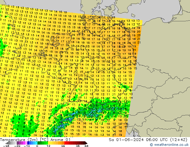 Sıcaklık Haritası (2m) Arome 01 Cts 01.06.2024 06 UTC