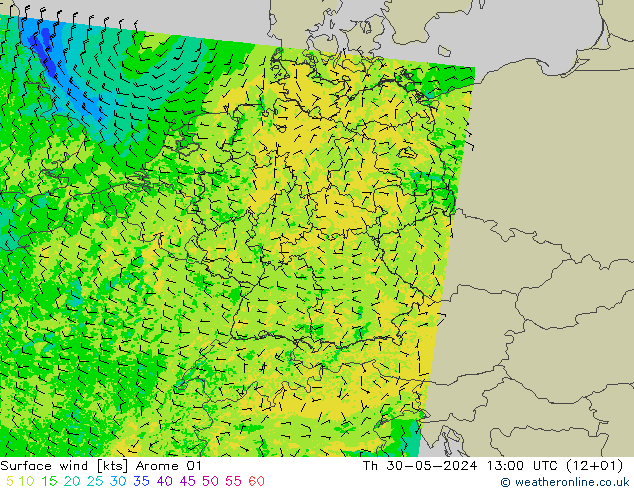 Surface wind Arome 01 Čt 30.05.2024 13 UTC