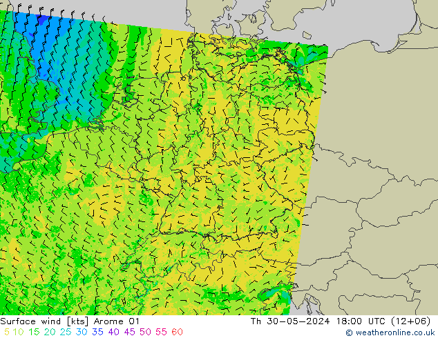ветер 10 m Arome 01 чт 30.05.2024 18 UTC