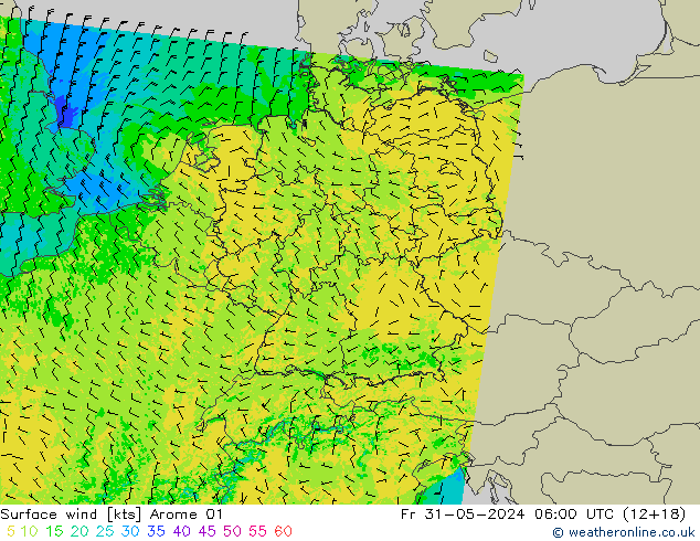 Surface wind Arome 01 Fr 31.05.2024 06 UTC