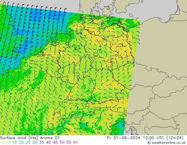 Surface wind Arome 01 Pá 31.05.2024 12 UTC