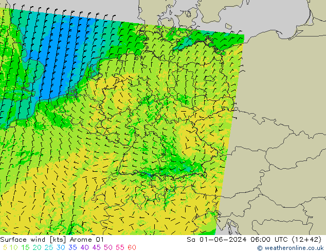 Rüzgar 10 m Arome 01 Cts 01.06.2024 06 UTC