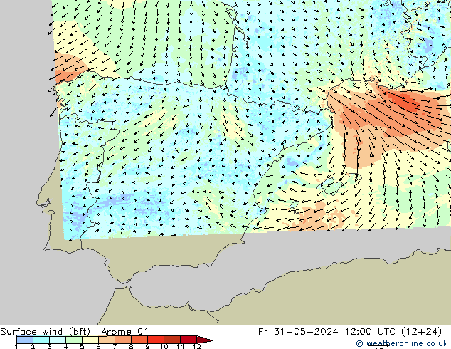 Surface wind (bft) Arome 01 Pá 31.05.2024 12 UTC