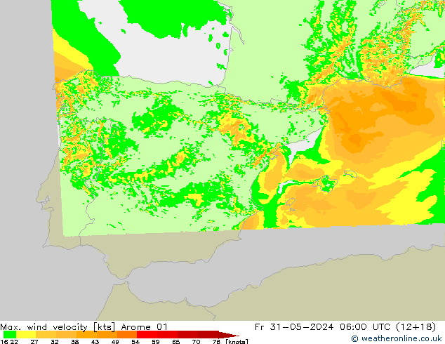 Max. wind velocity Arome 01 Fr 31.05.2024 06 UTC