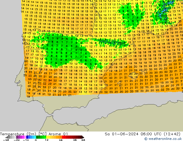 Temperature (2m) Arome 01 Sa 01.06.2024 06 UTC