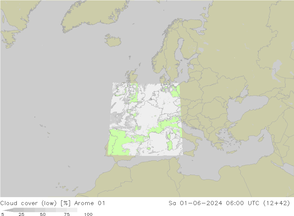 Cloud cover (low) Arome 01 Sa 01.06.2024 06 UTC