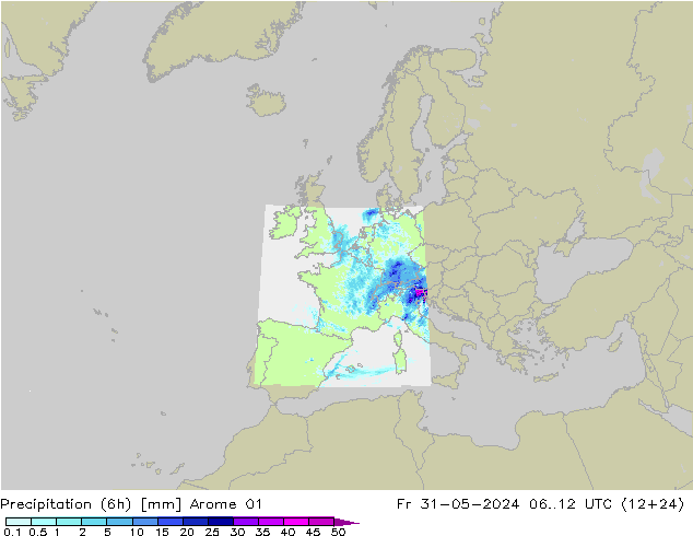 Precipitation (6h) Arome 01 Fr 31.05.2024 12 UTC