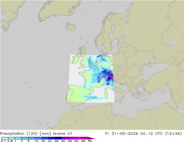 Totale neerslag (12h) Arome 01 vr 31.05.2024 12 UTC