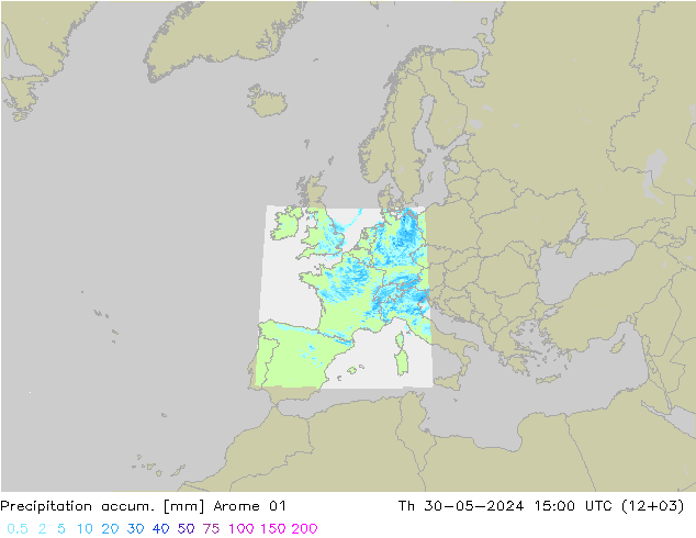 Totale neerslag Arome 01 do 30.05.2024 15 UTC