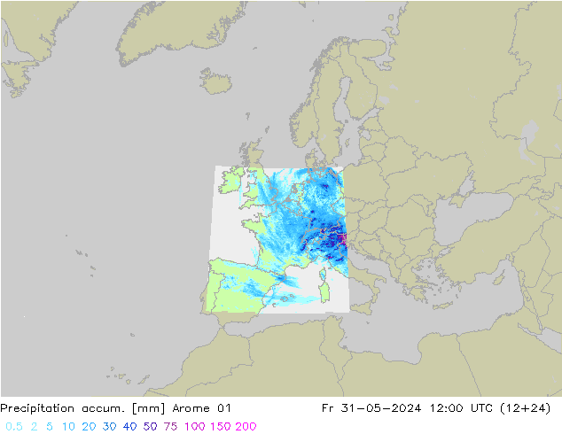 Totale neerslag Arome 01 vr 31.05.2024 12 UTC