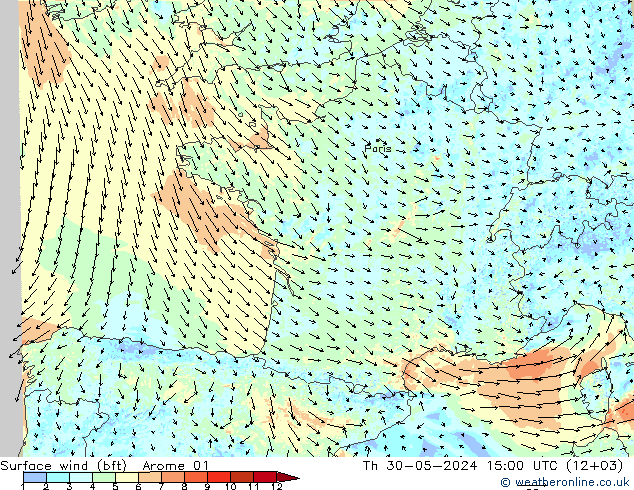 wiatr 10 m (bft) Arome 01 czw. 30.05.2024 15 UTC