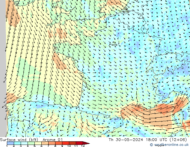 Bodenwind (bft) Arome 01 Do 30.05.2024 18 UTC