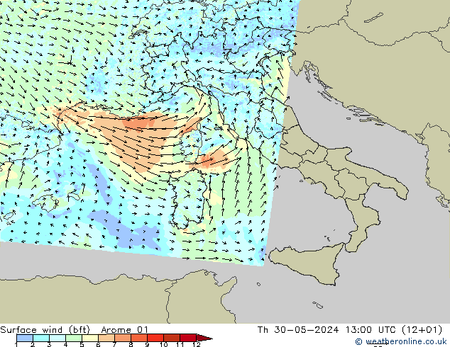 Rüzgar 10 m (bft) Arome 01 Per 30.05.2024 13 UTC