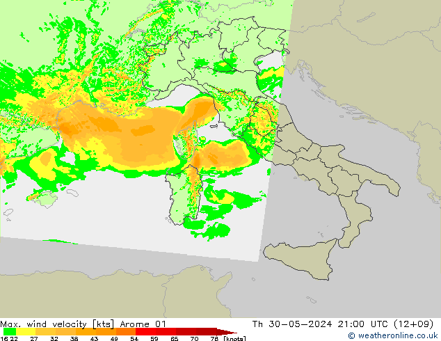 Max. wind snelheid Arome 01 do 30.05.2024 21 UTC