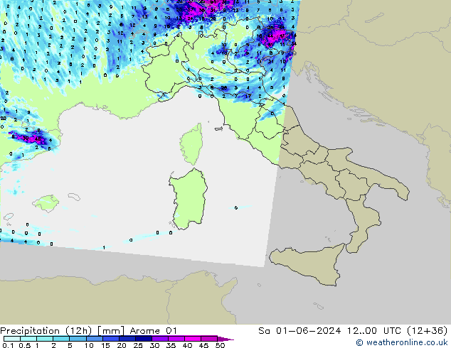 Precipitazione (12h) Arome 01 sab 01.06.2024 00 UTC