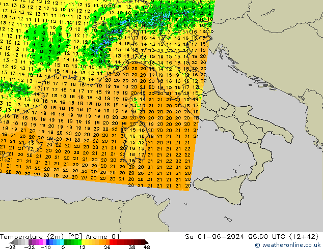 Sıcaklık Haritası (2m) Arome 01 Cts 01.06.2024 06 UTC