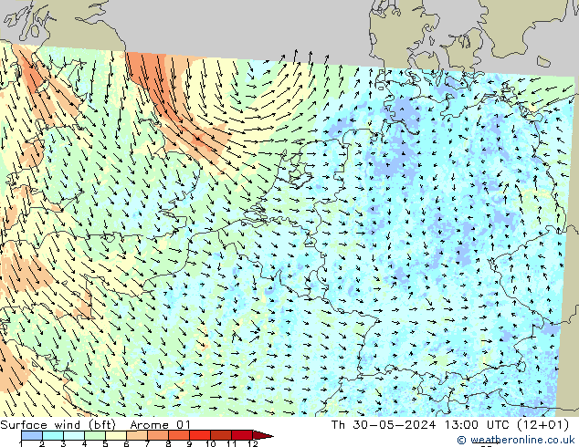 Wind 10 m (bft) Arome 01 do 30.05.2024 13 UTC
