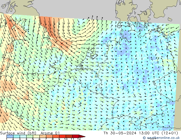 Rüzgar 10 m (bft) Arome 01 Per 30.05.2024 13 UTC