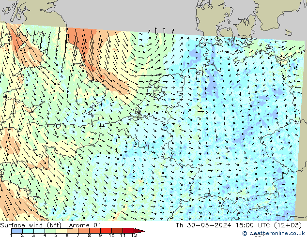 Surface wind (bft) Arome 01 Th 30.05.2024 15 UTC