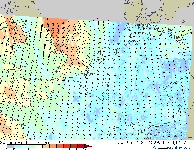 Wind 10 m (bft) Arome 01 do 30.05.2024 18 UTC