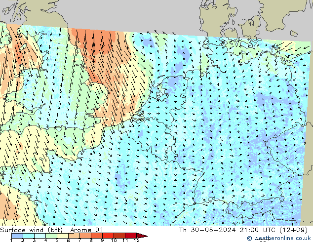 wiatr 10 m (bft) Arome 01 czw. 30.05.2024 21 UTC