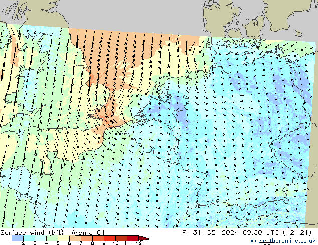 Surface wind (bft) Arome 01 Pá 31.05.2024 09 UTC