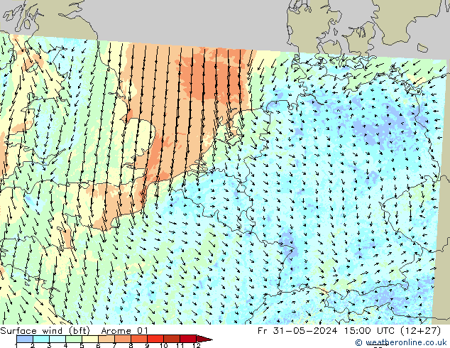 wiatr 10 m (bft) Arome 01 pt. 31.05.2024 15 UTC