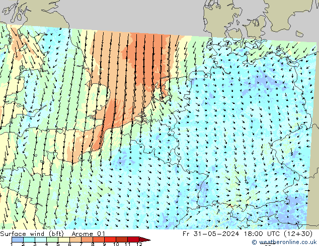 Bodenwind (bft) Arome 01 Fr 31.05.2024 18 UTC