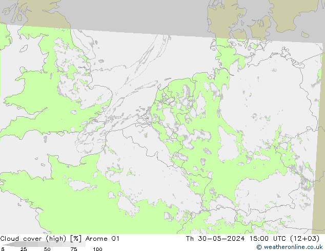 Cloud cover (high) Arome 01 Th 30.05.2024 15 UTC