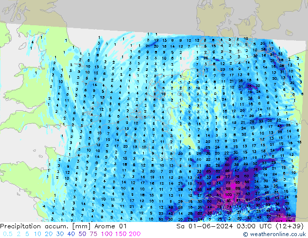 Precipitation accum. Arome 01 Sáb 01.06.2024 03 UTC