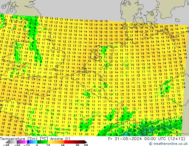 Sıcaklık Haritası (2m) Arome 01 Cu 31.05.2024 00 UTC