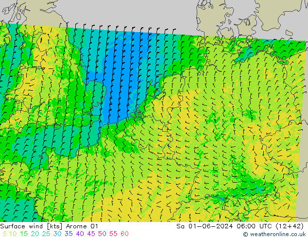 Vento 10 m Arome 01 Sáb 01.06.2024 06 UTC