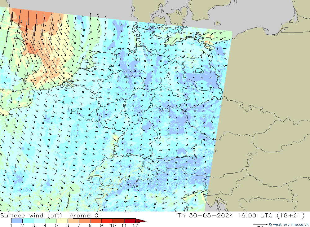 Surface wind (bft) Arome 01 Čt 30.05.2024 19 UTC