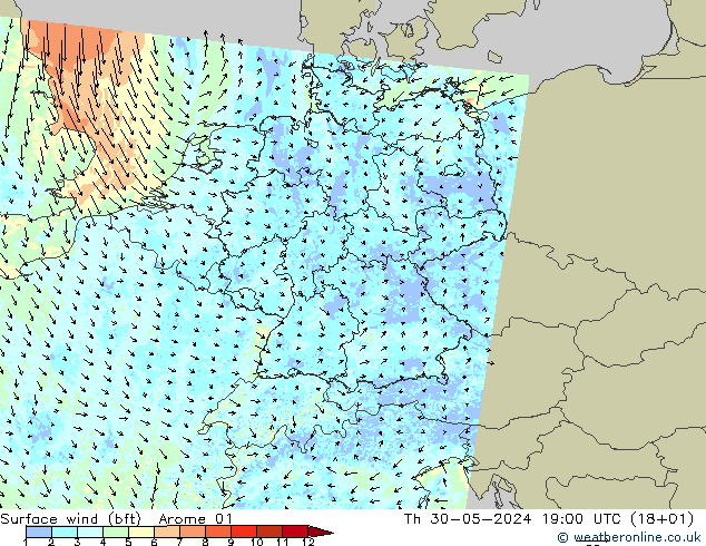 Wind 10 m (bft) Arome 01 do 30.05.2024 19 UTC