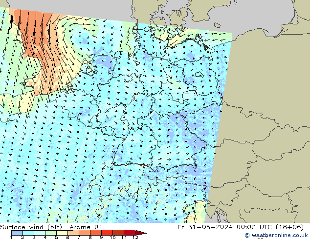 Bodenwind (bft) Arome 01 Fr 31.05.2024 00 UTC