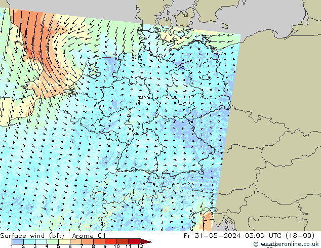 Wind 10 m (bft) Arome 01 vr 31.05.2024 03 UTC