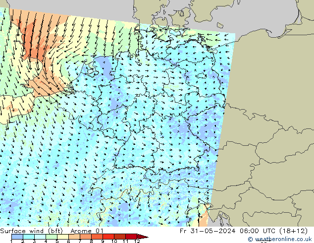 Viento 10 m (bft) Arome 01 vie 31.05.2024 06 UTC