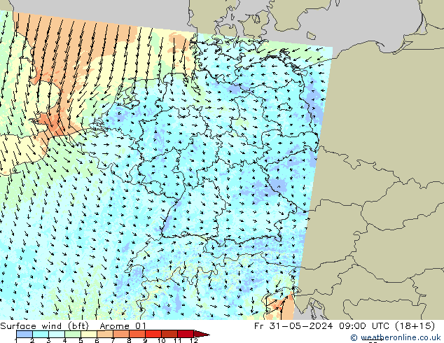 Surface wind (bft) Arome 01 Fr 31.05.2024 09 UTC