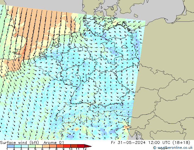 Bodenwind (bft) Arome 01 Fr 31.05.2024 12 UTC