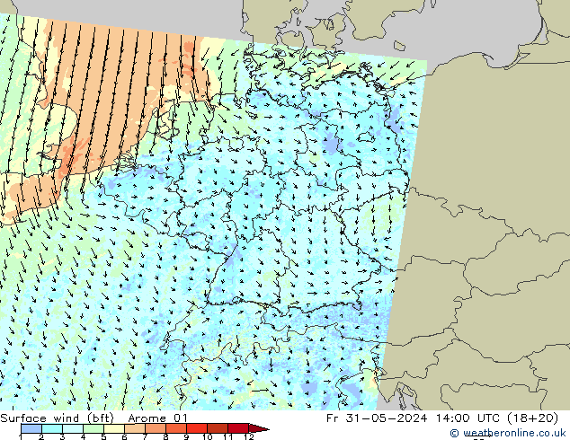 �N 10 米 (bft) Arome 01 星期五 31.05.2024 14 UTC