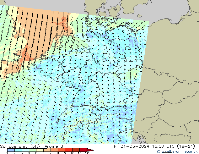 Wind 10 m (bft) Arome 01 vr 31.05.2024 15 UTC