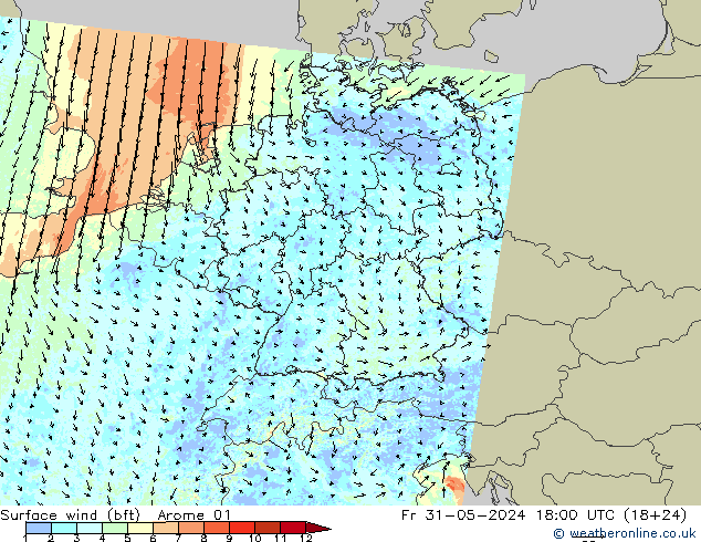 wiatr 10 m (bft) Arome 01 pt. 31.05.2024 18 UTC
