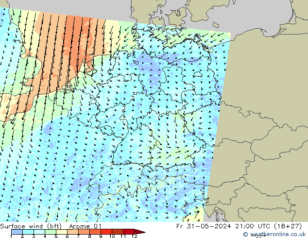 Surface wind (bft) Arome 01 Pá 31.05.2024 21 UTC