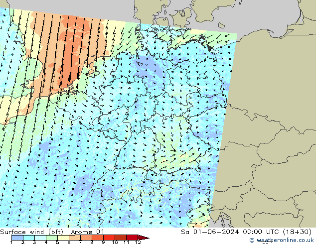 wiatr 10 m (bft) Arome 01 so. 01.06.2024 00 UTC