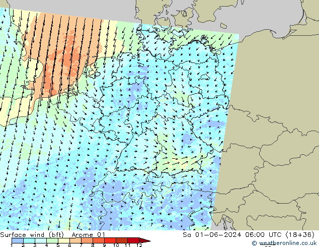 Rüzgar 10 m (bft) Arome 01 Cts 01.06.2024 06 UTC