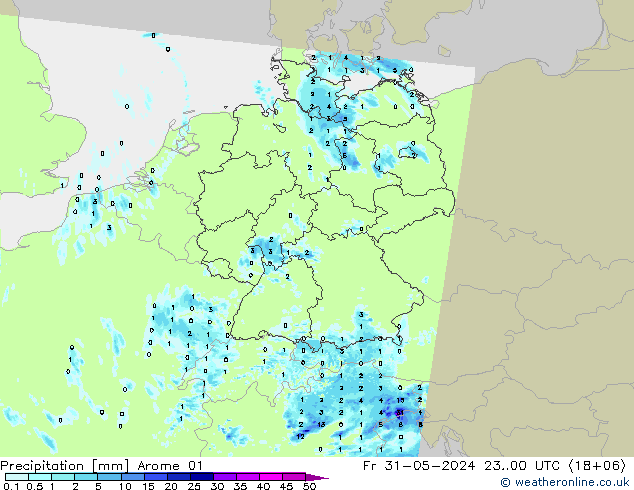 Srážky Arome 01 Pá 31.05.2024 00 UTC