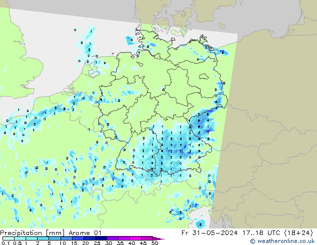 Srážky Arome 01 Pá 31.05.2024 18 UTC